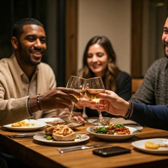 Yemek ve içeceklerin tadını çıkaran arkadaşlar
